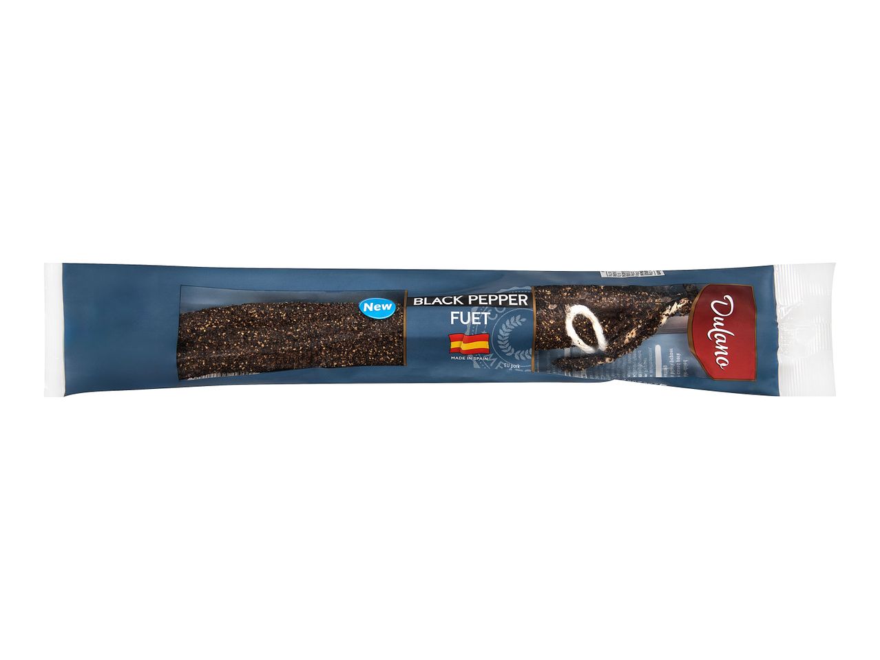 Dulano Black Pepper Fuet: packaged Spanish sausage.