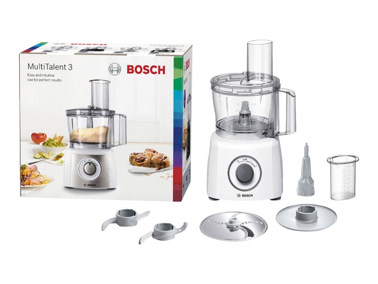 Food processor with various attachments and its packaging, featuring food preparation examples.