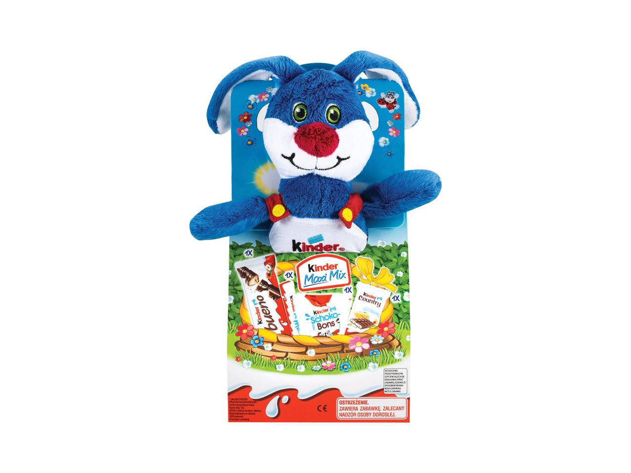 Kinder dovanų rinkinys su mėlynu pliušiniu zuikiu ir Kinder Bueno, Kinder Maxi Mix, Kinder Schoko Bons bei Kinder Country šokoladais.