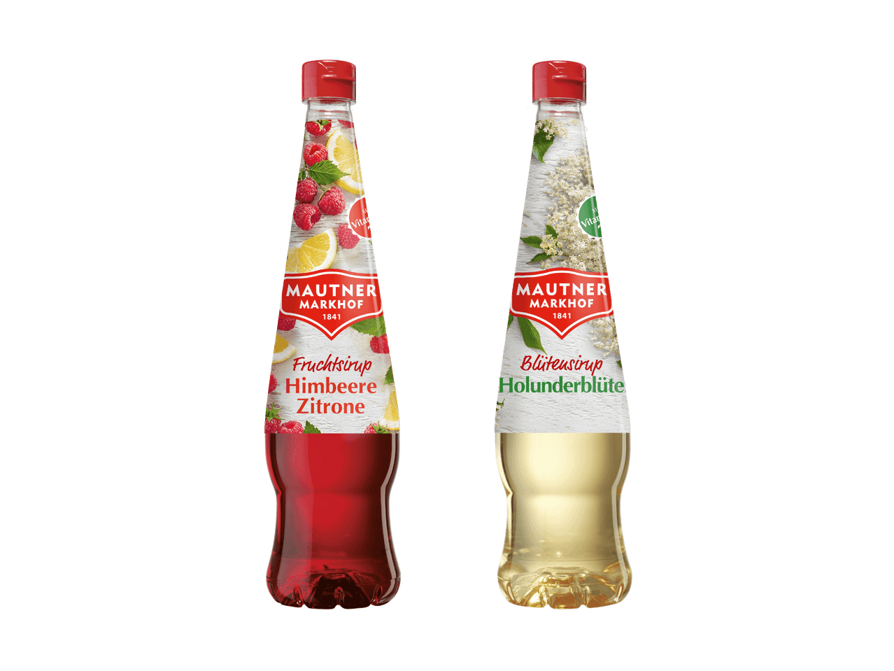 Zwei Flaschen Mautner Markhof Sirup: Himbeere-Zitrone und Holunderblüte.