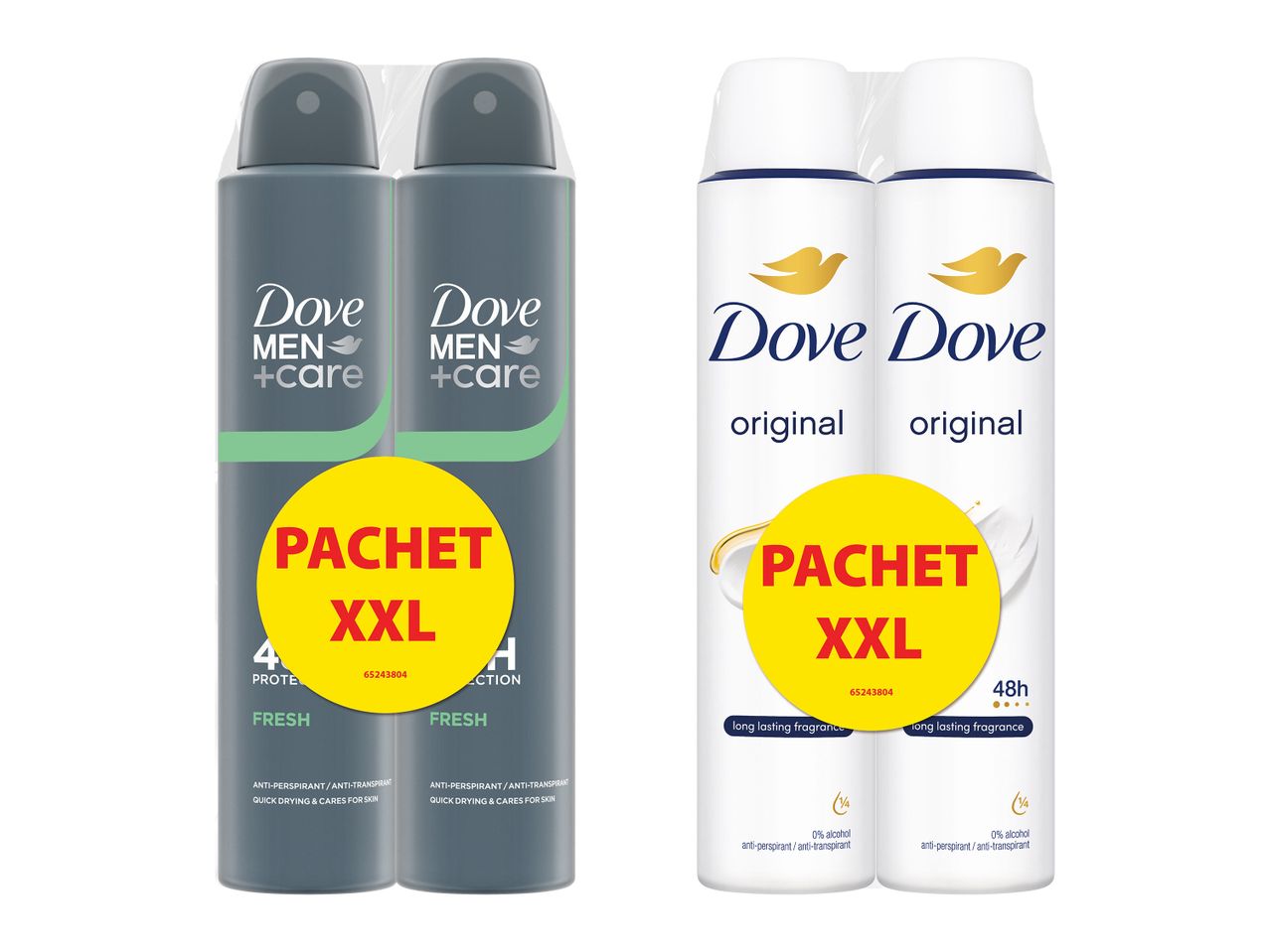 Două pachete duble de deodorante antiperspirante, unul pentru bărbați și unul original.