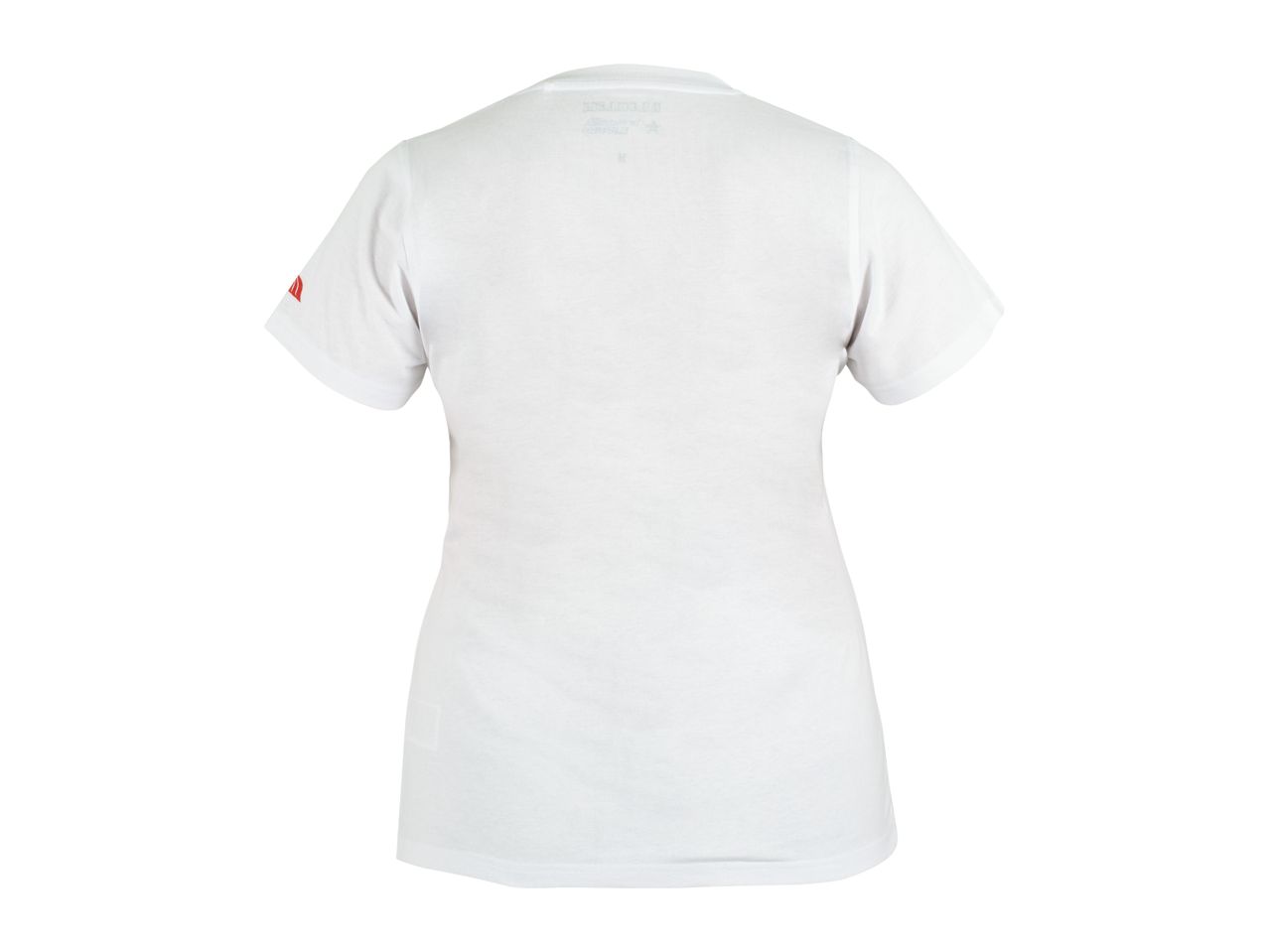 Back view of a plain white t-shirt with a small red logo on the left sleeve.