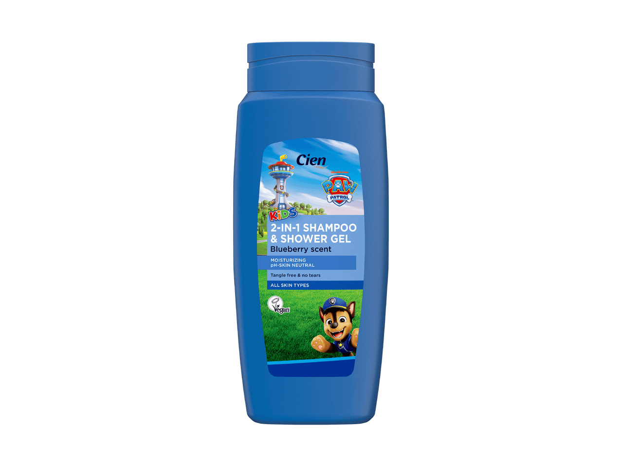 Blå 2-i-1 shampoo og shower gel til børn med blåbærduft og Paw Patrol-tema.