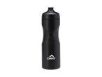 A black sports water bottle with a textured grip and a white logo at the bottom.