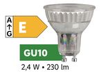 GU10 žarnica z oznako energijske učinkovitosti E, 2,4 W in 230 lm.
