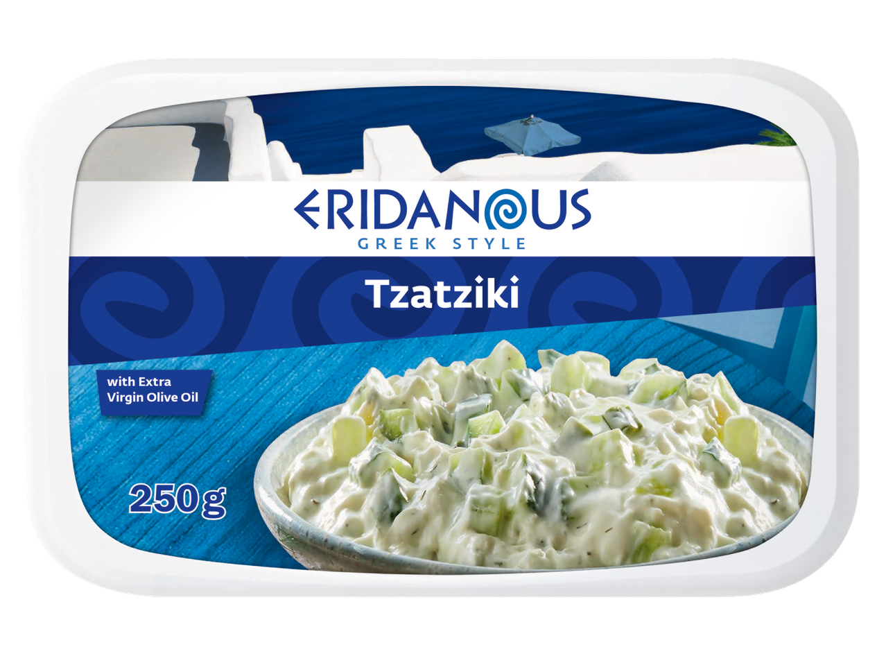 Greek-style Tzatziki with extra virgin olive oil, 250g, featuring a Greek island theme.