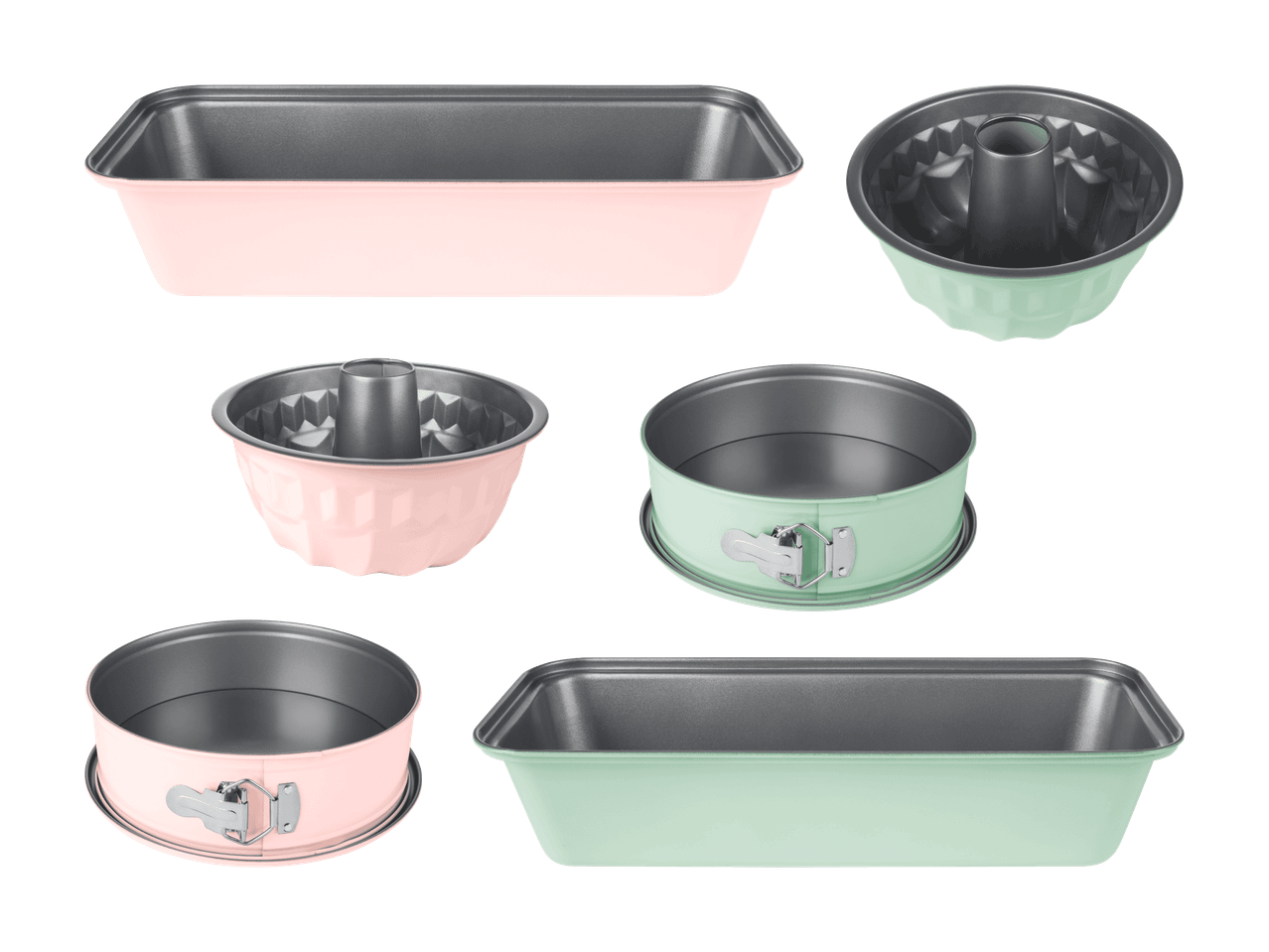 Eine Sammlung von Backformen in Rosa und Mintgrün, darunter Kastenformen, Gugelhupfformen und Springformen.
