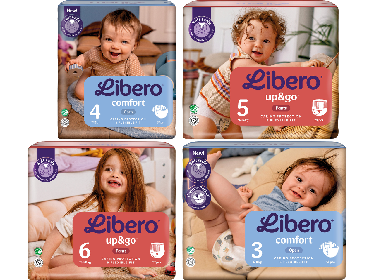 Libero blöjor: Comfort storlek 4 och 3, samt Up&Go storlek 5 och 6.