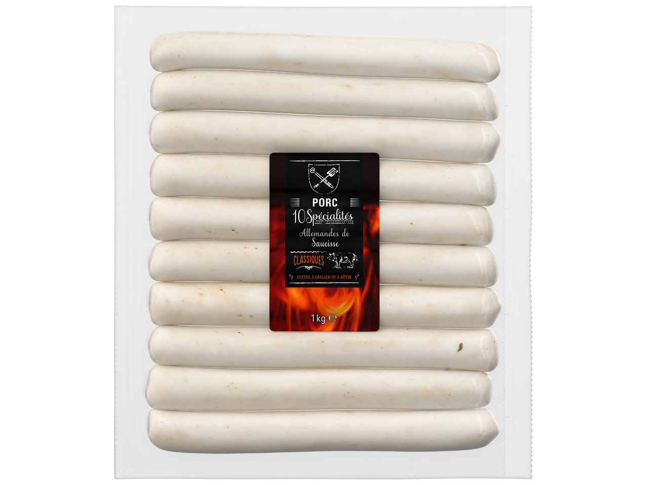 Paquet de 10 saucisses allemandes de porc, 1 kg, prêtes à griller ou à rôtir.