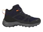 A navy blue and black Quechua hiking boot with orange accents.