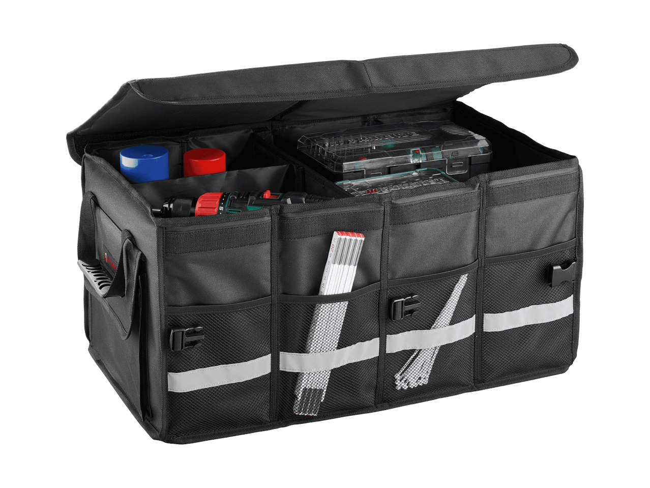 Schwarze Werkzeugtasche mit Bohrmaschine, Dosen, Zollstock und Kleinteileboxen
