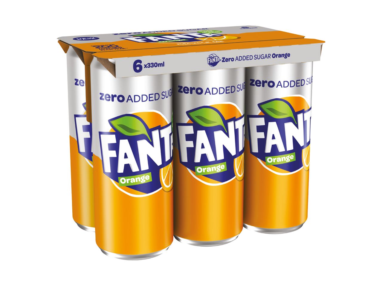 A six-pack of Fanta Zero Added Sugar Orange soda cans.