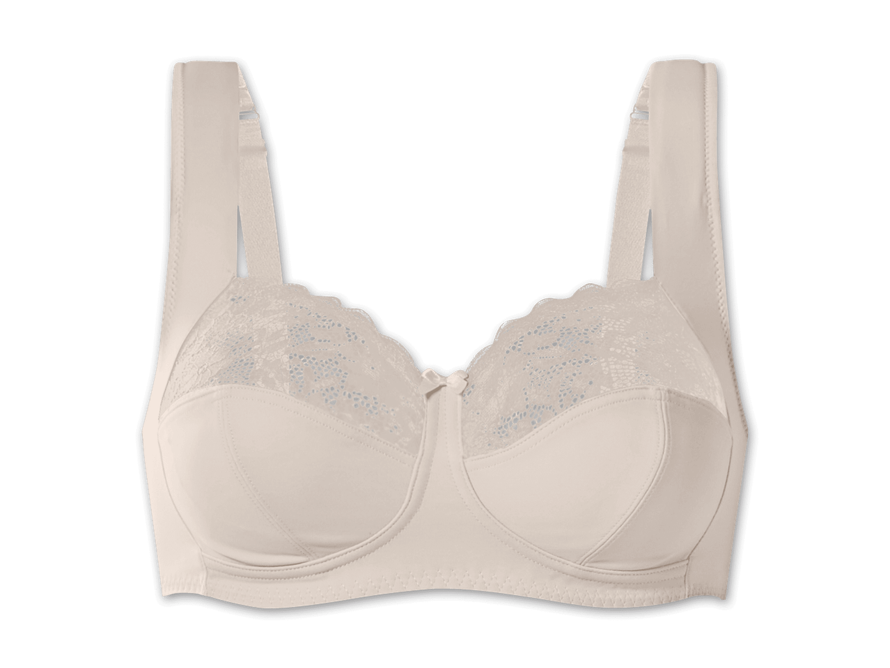 Beigefarbener Büstenhalter mit Spitzenbesatz und verstellbaren Trägern.