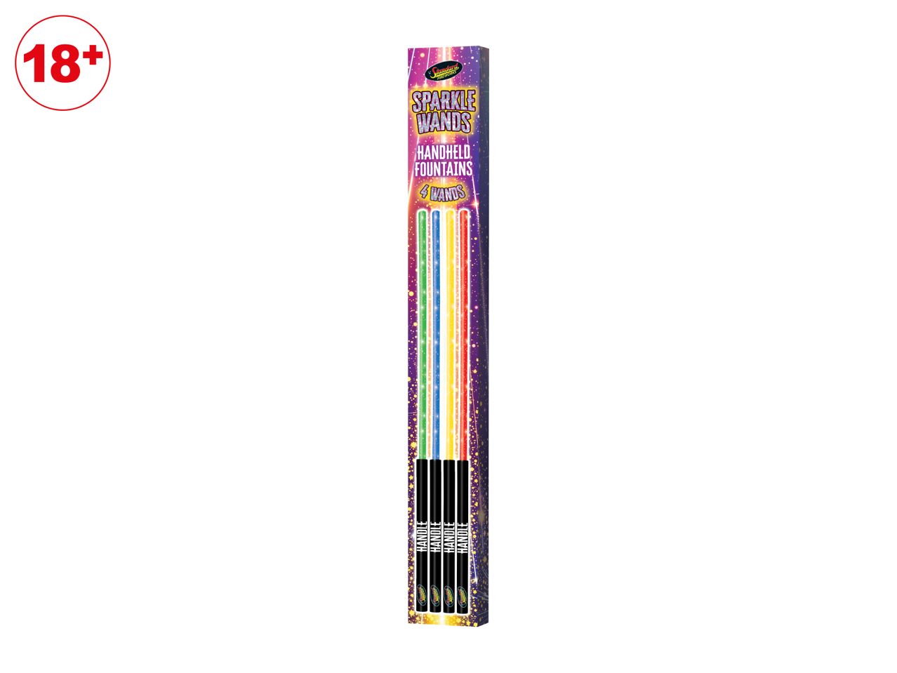 A pack of four colorful handheld fountain sparkle wands with an 18+ age restriction icon.