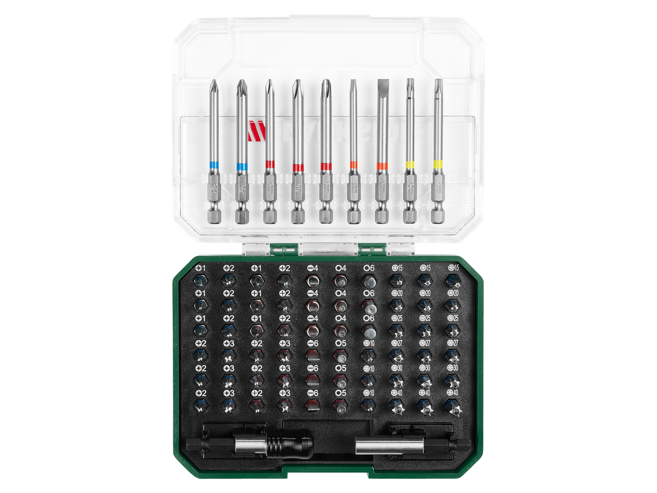 Parkside® antgalių ir galvučių rinkinys su įvairiais dydžiais ir tipais, įskaitant Phillips, Torx ir šešiakampius.