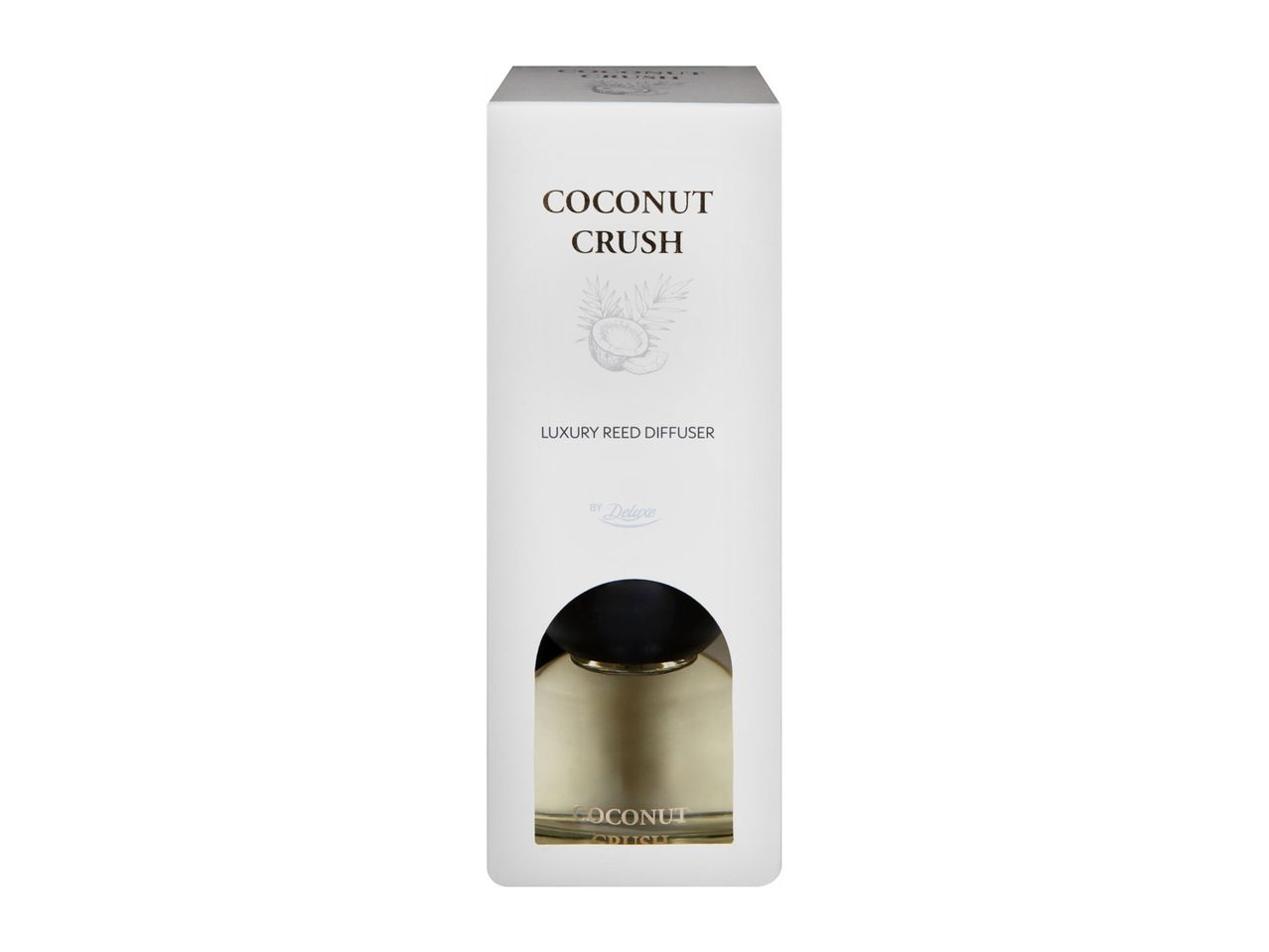 Coconut Crush Luxury Reed Diffuser by Deluxe in white packaging