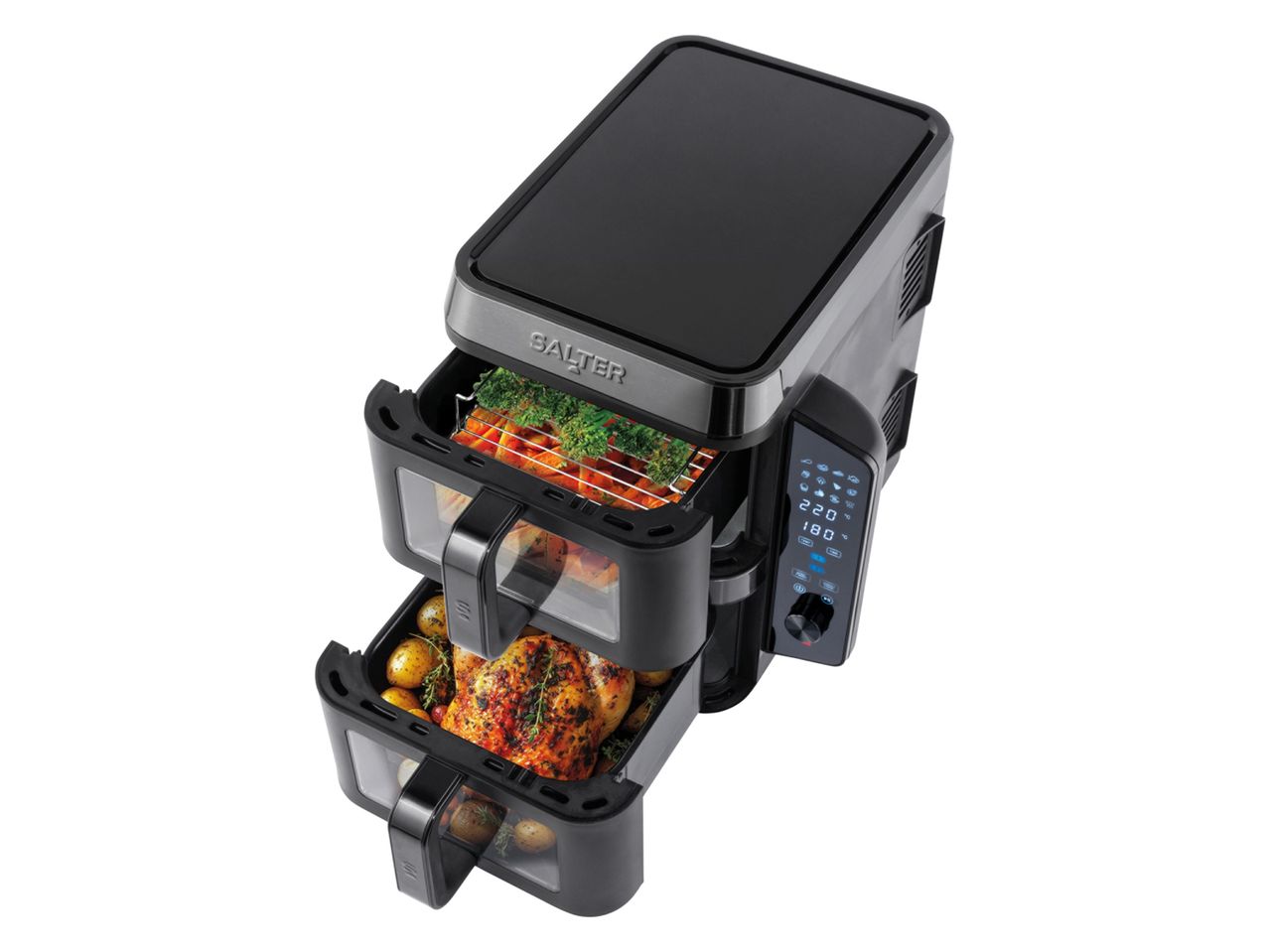 Salter dual-drawer air fryer with vegetables and a whole chicken cooking inside.