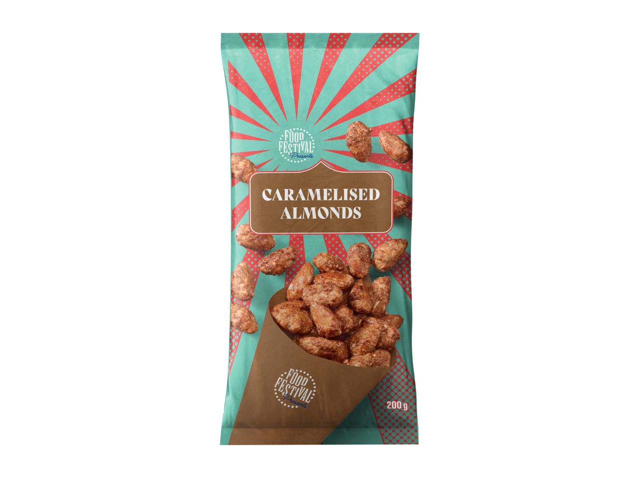 A bag of caramelised almonds with a brown label and a teal and red striped background.