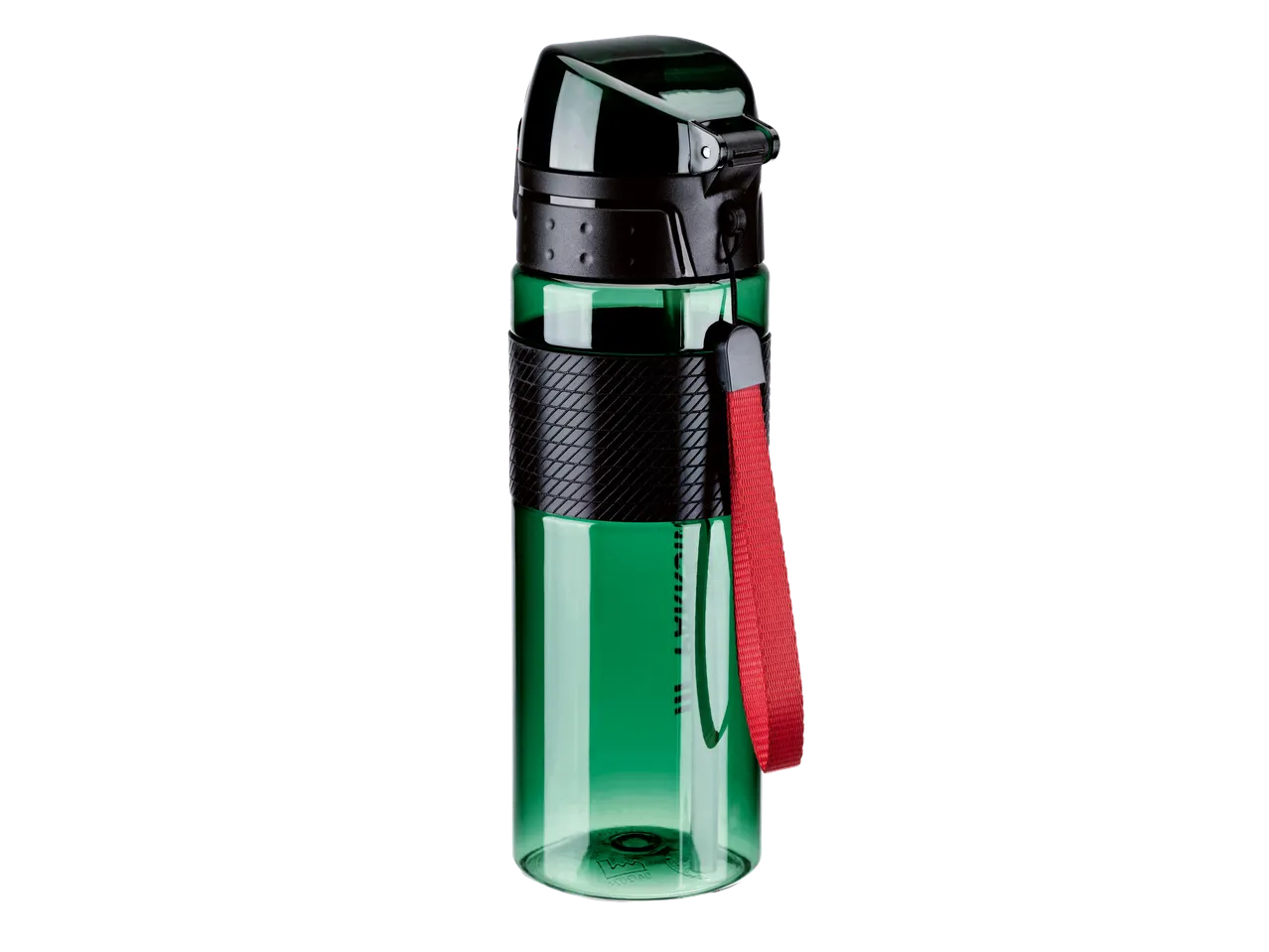 Sticlă de apă verde cu capac negru și curea roșie pe fundal negru.
