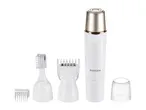 A white facial hair removal and grooming kit with multiple attachments.