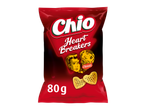 Rode zak hartvormige chips met een pop-art afbeelding van een man en vrouw, 80g.