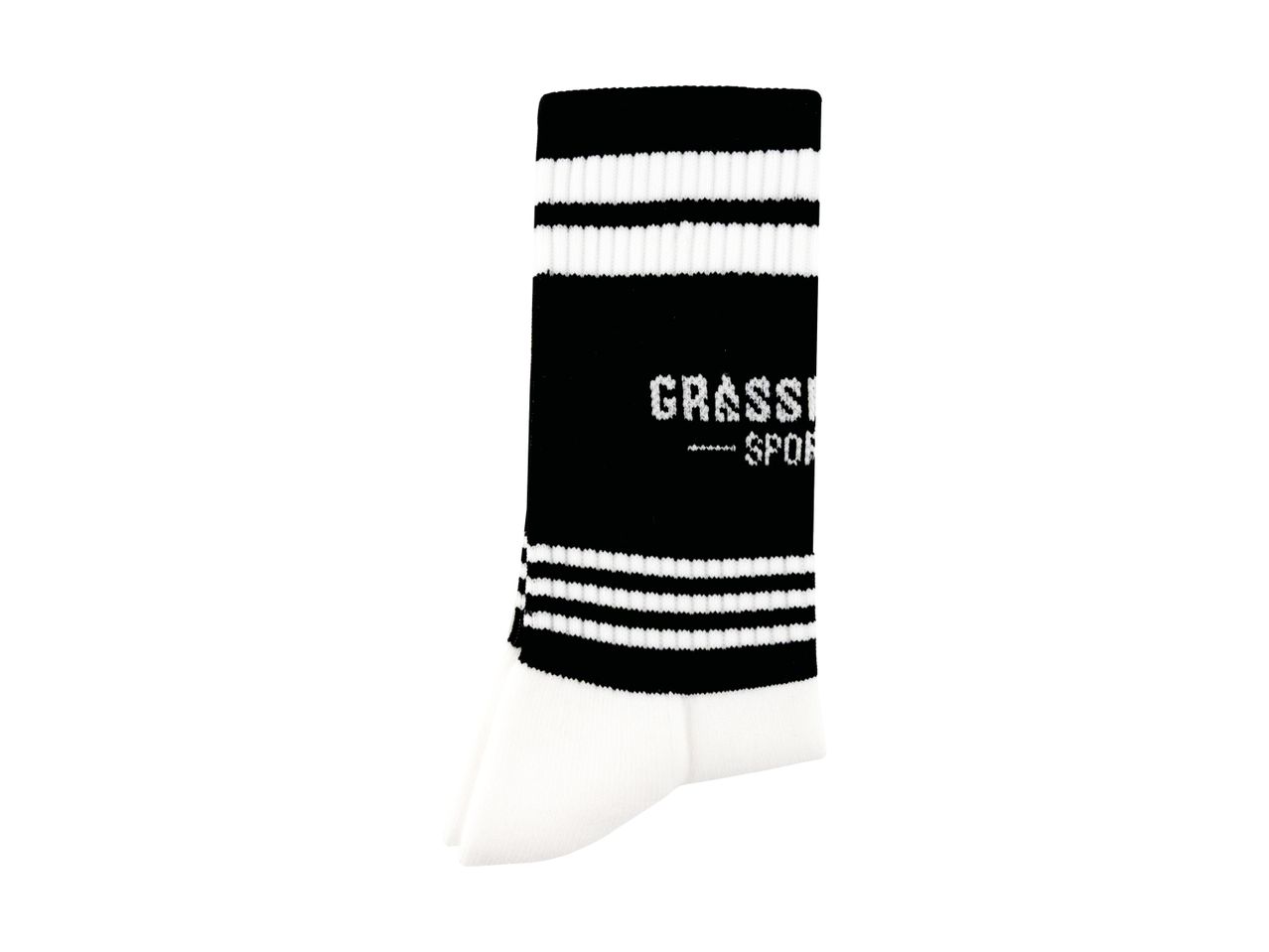 Black and white striped sports sock with text detail.