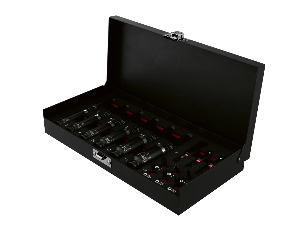 Black metal case filled with various socket wrenches and screwdriver bits.