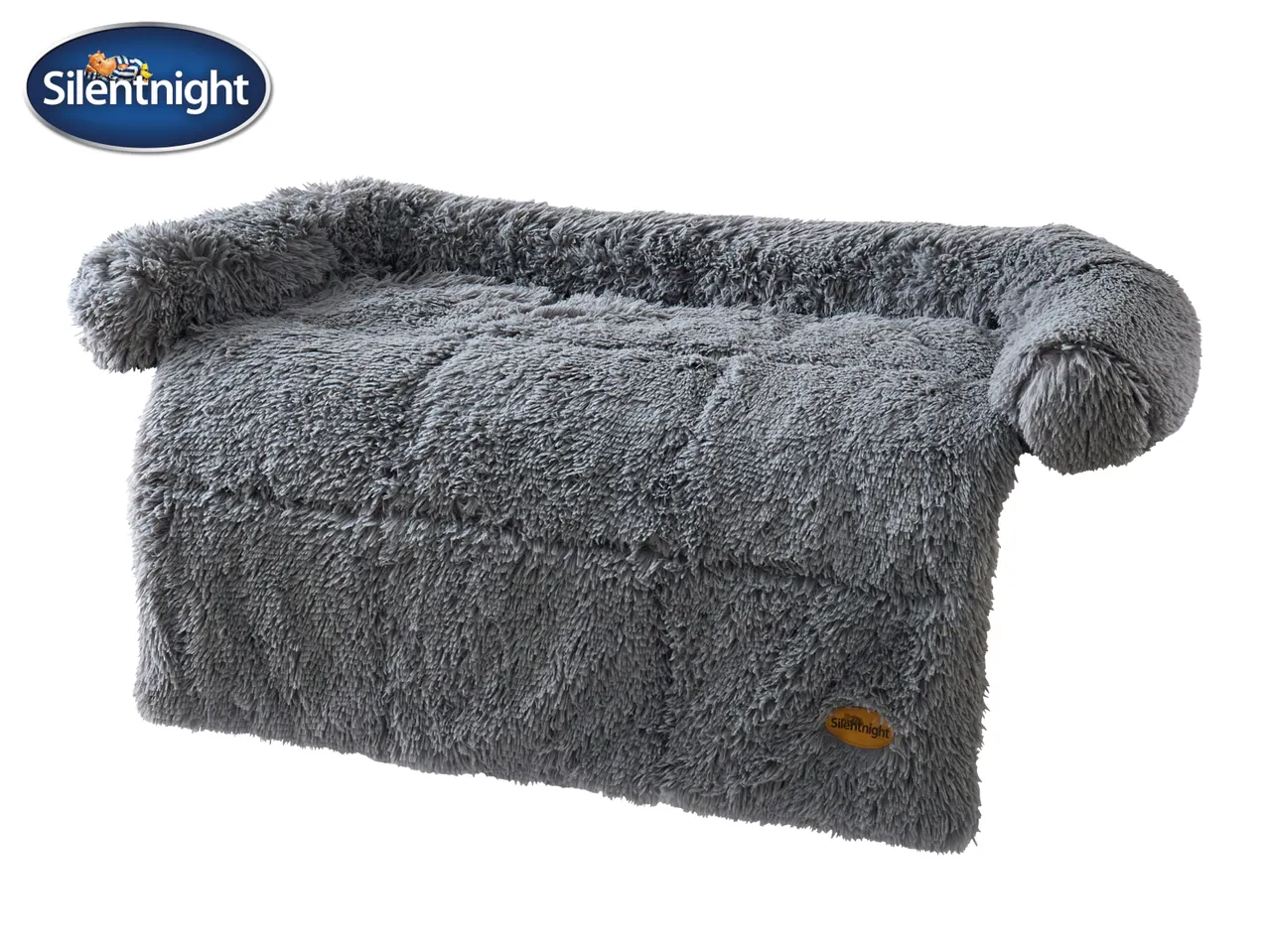Grey fluffy pet bed with raised sides, featuring a soft, shaggy texture.