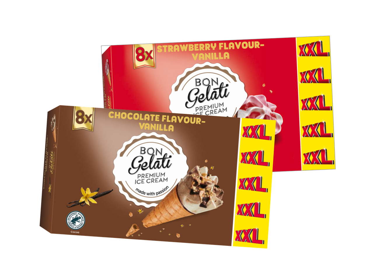 Coni gelato 'Delizie' alla vaniglia e al cioccolato.