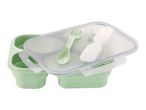 Green collapsible lunch box with clear lid, fork, and spoon.