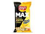 Een zak geribbelde chips met de smaak van Joppie saus, 185g, met Nutri-Score C.