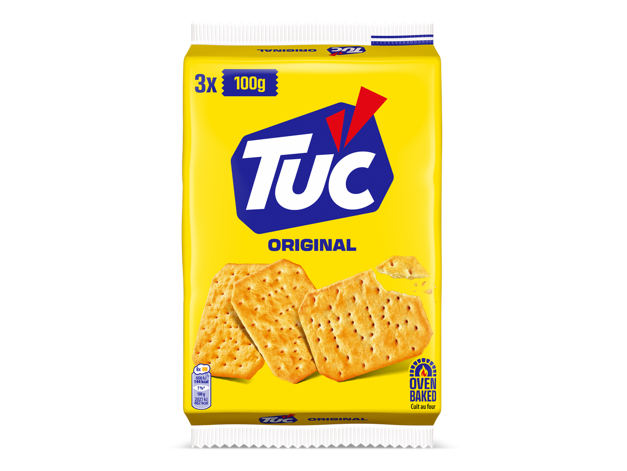 Gele verpakking van gezouten crackers met drie koekjes afgebeeld.