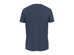 Back view of a plain dark blue short-sleeved t-shirt.