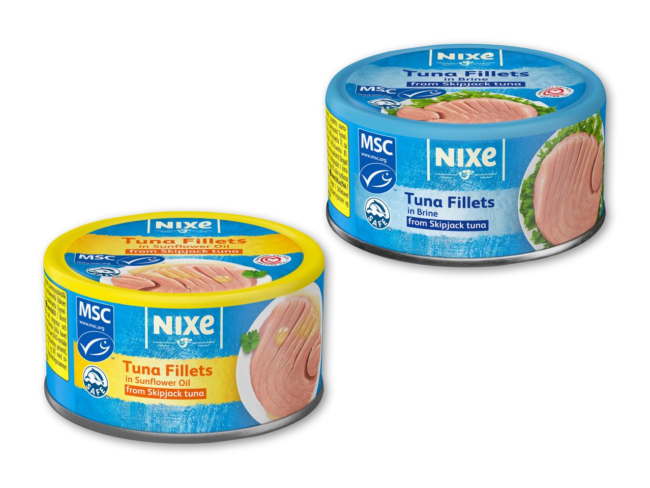 To dåser Nixie tunfilet, en i solsikkeolie og en i lage.