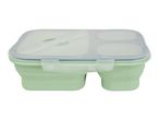 Light green collapsible lunch box with a clear lid and built-in cutlery.