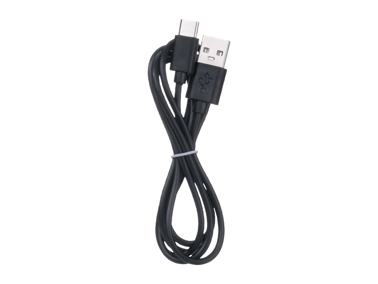Black USB-A to USB-C charging cable, coiled and secured with a white tie