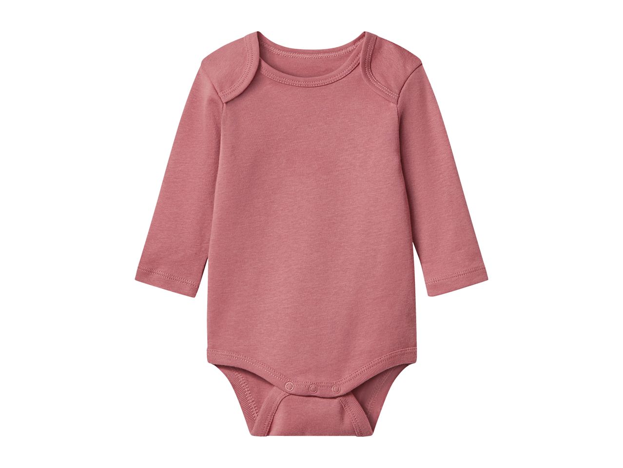 Pink long-sleeved baby bodysuit with snap fasteners