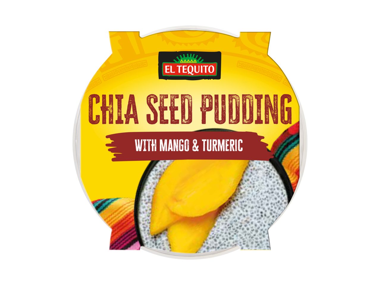Chia seed pudding with mango and turmeric in a round container with a vibrant yellow and patterned label.