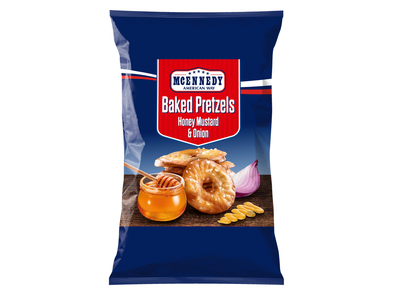 McEnnedy Baked Pretzels with honey, mustard, and onion flavor.