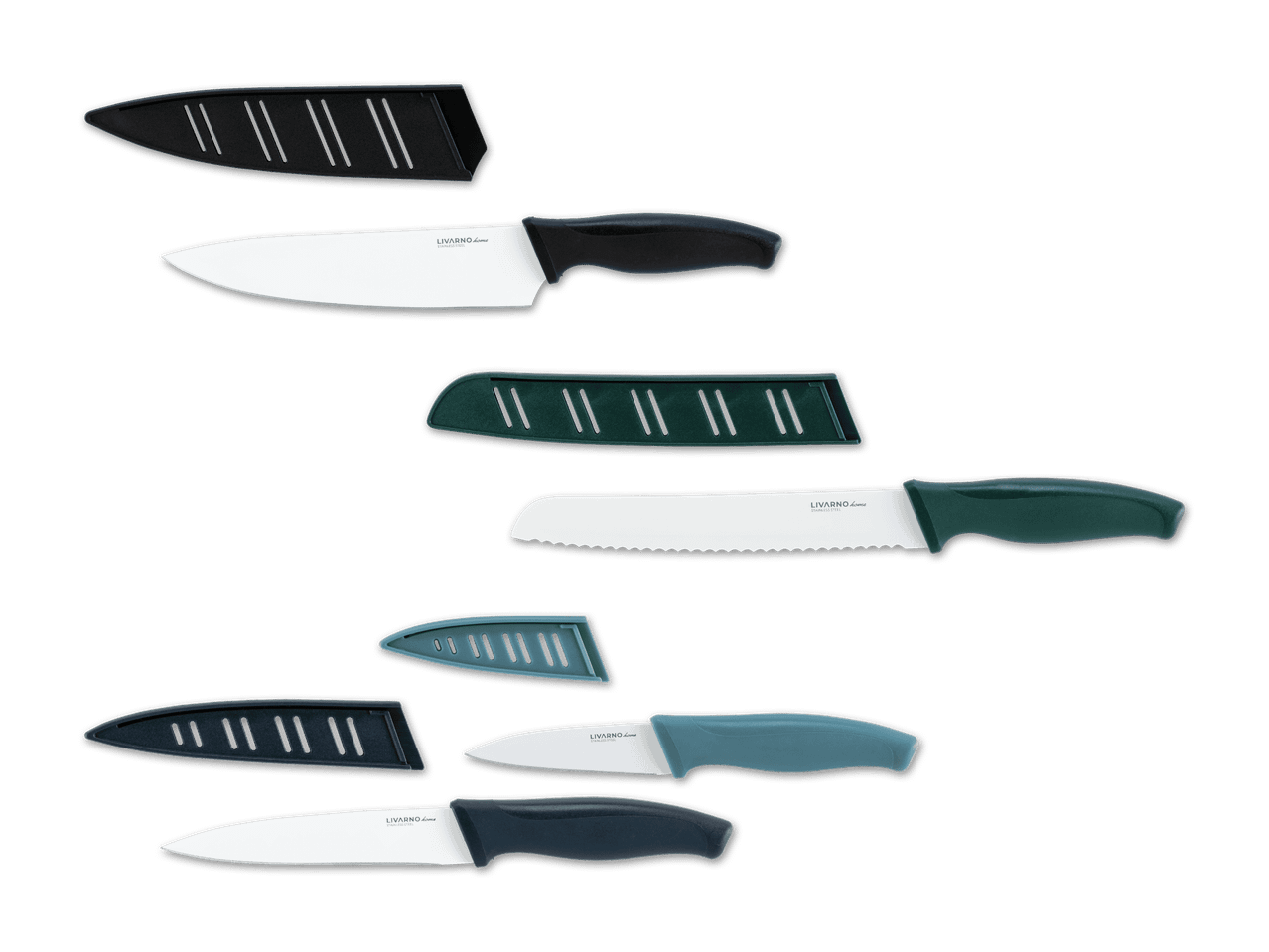 Ein Set aus drei Messern mit Schutzhüllen in Schwarz, Grün und Blau.