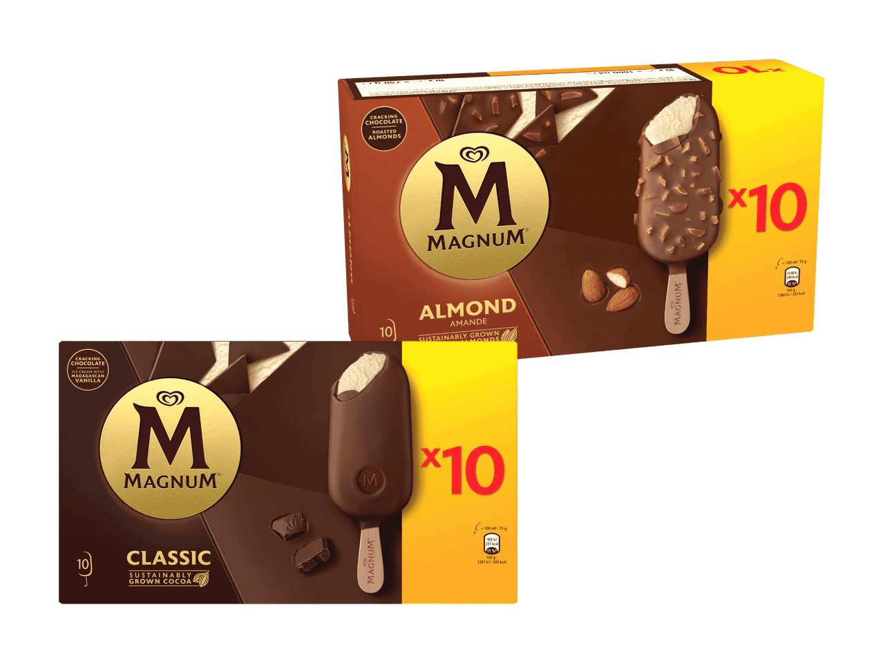 Magnum Eis am Stiel, Classic und Almond Sorten im 10er Pack.