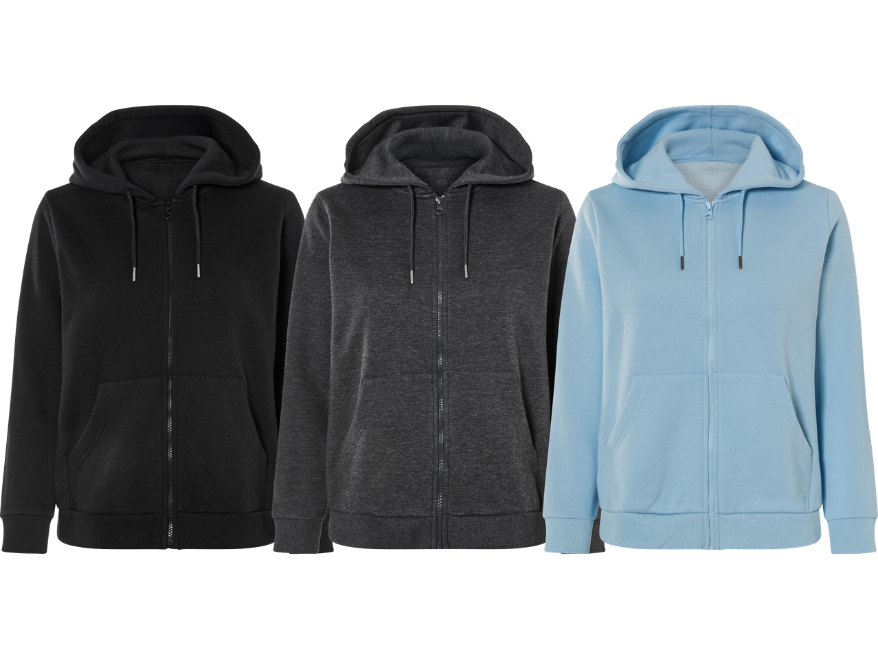 Tre zip-up hoodies i svart, grått och ljusblått.