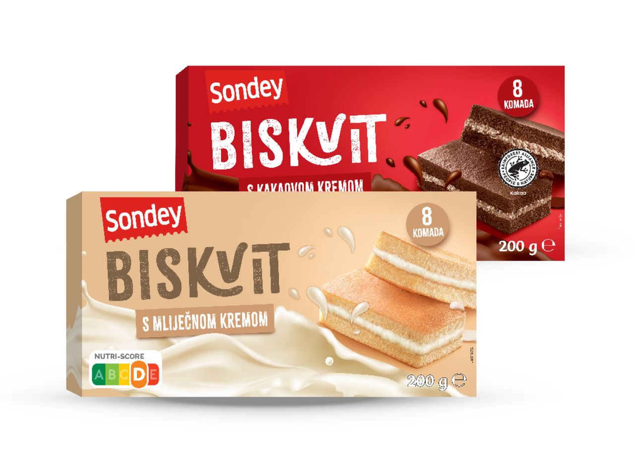 Dvije kutije Sendery Biskvit keksa, jedna čokoladna, jedna s vanilijom.