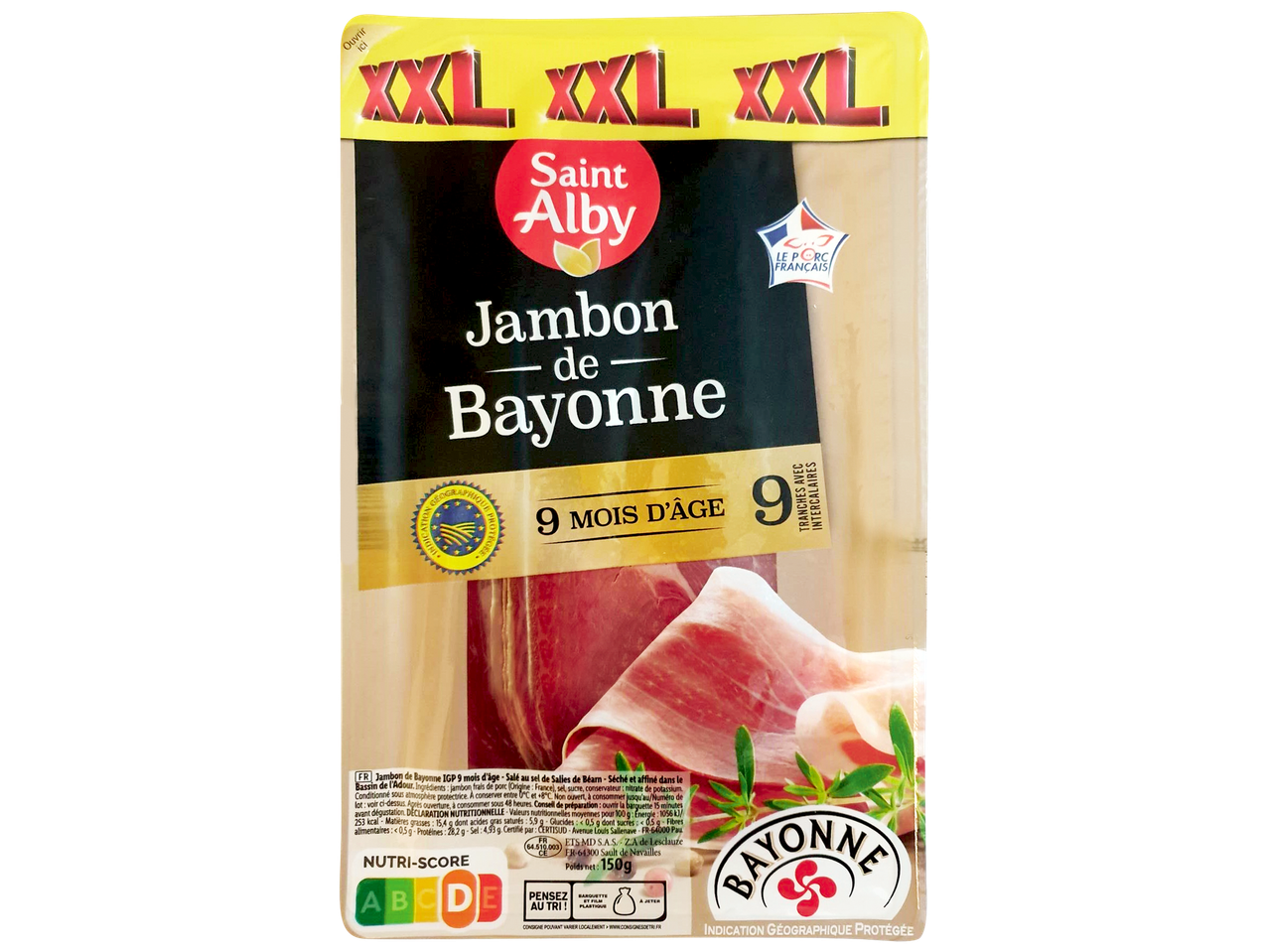 Jambon de Bayonne IGP, 9 mois d'âge, 150g, avec Nutri-Score A.