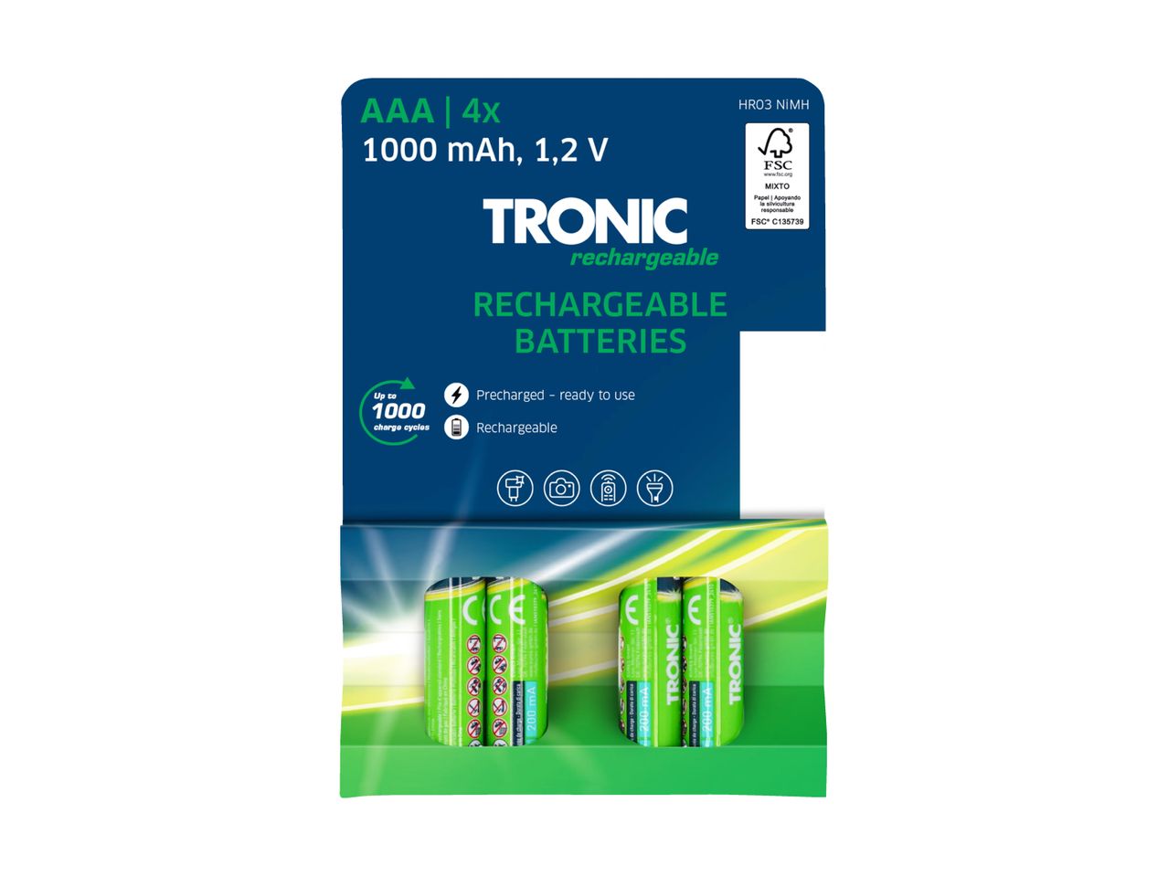 Two TRONIC AAA rechargeable batteries in a green and blue package.