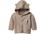 Beige knitted baby cardigan with a hood, bear ears, and balloon embroidery