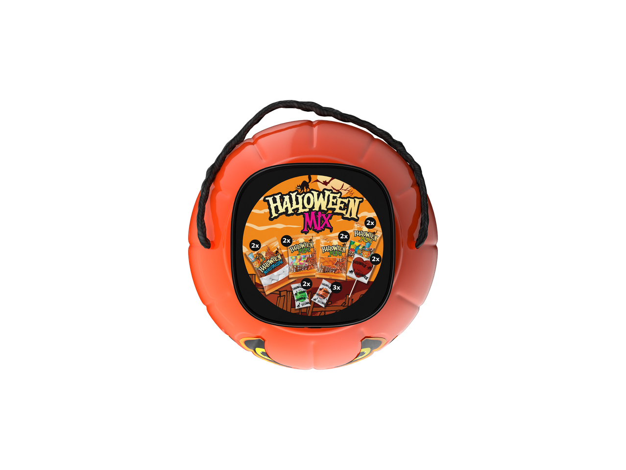 Găleată de bomboane în formă de dovleac cu dulciuri „Halloween Mix”.