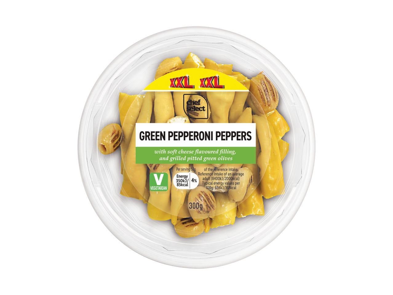 Ol' Del Green Pumpkin Peppers in a clear plastic container.