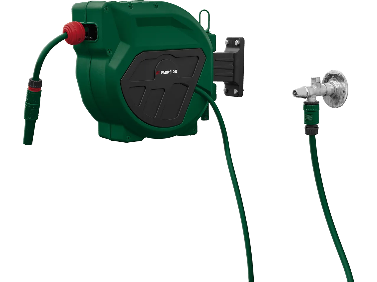 Wall-mounted automatic hose reel with a green hose connected to a tap.