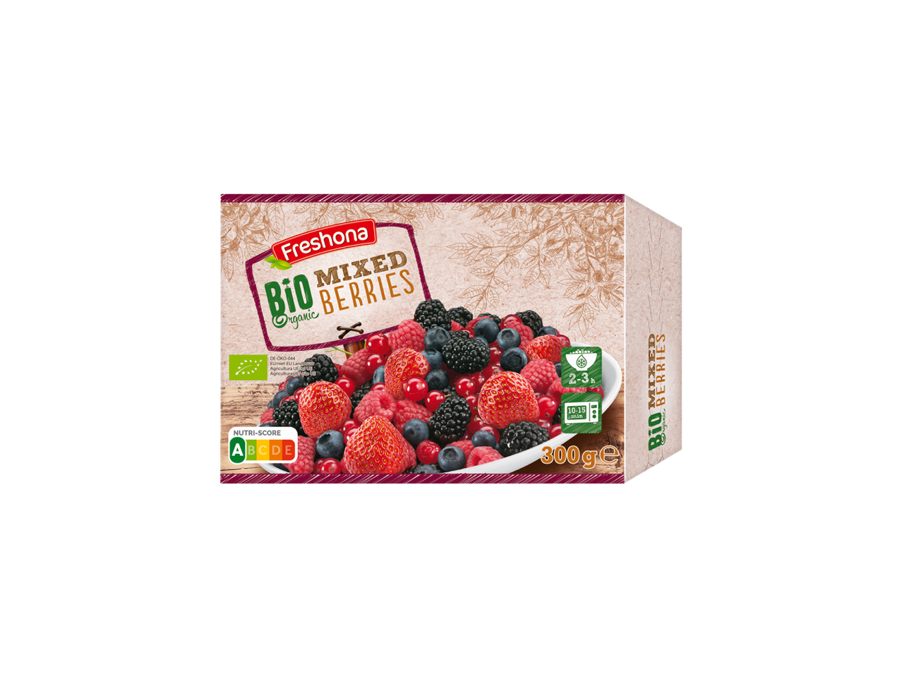Fresbona Bio gemengde bessen: frambozen, aardbeien, bosbessen.